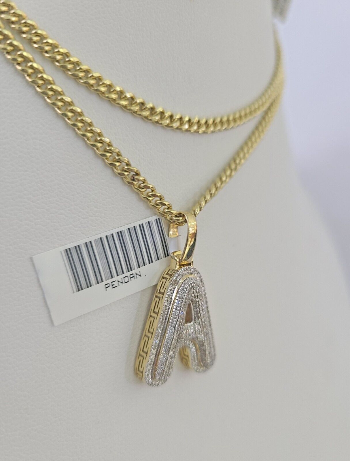 Real 10k Gold Necklace Chain Diamond A Alphabet Charm SET 3mm Miami Cuban Link