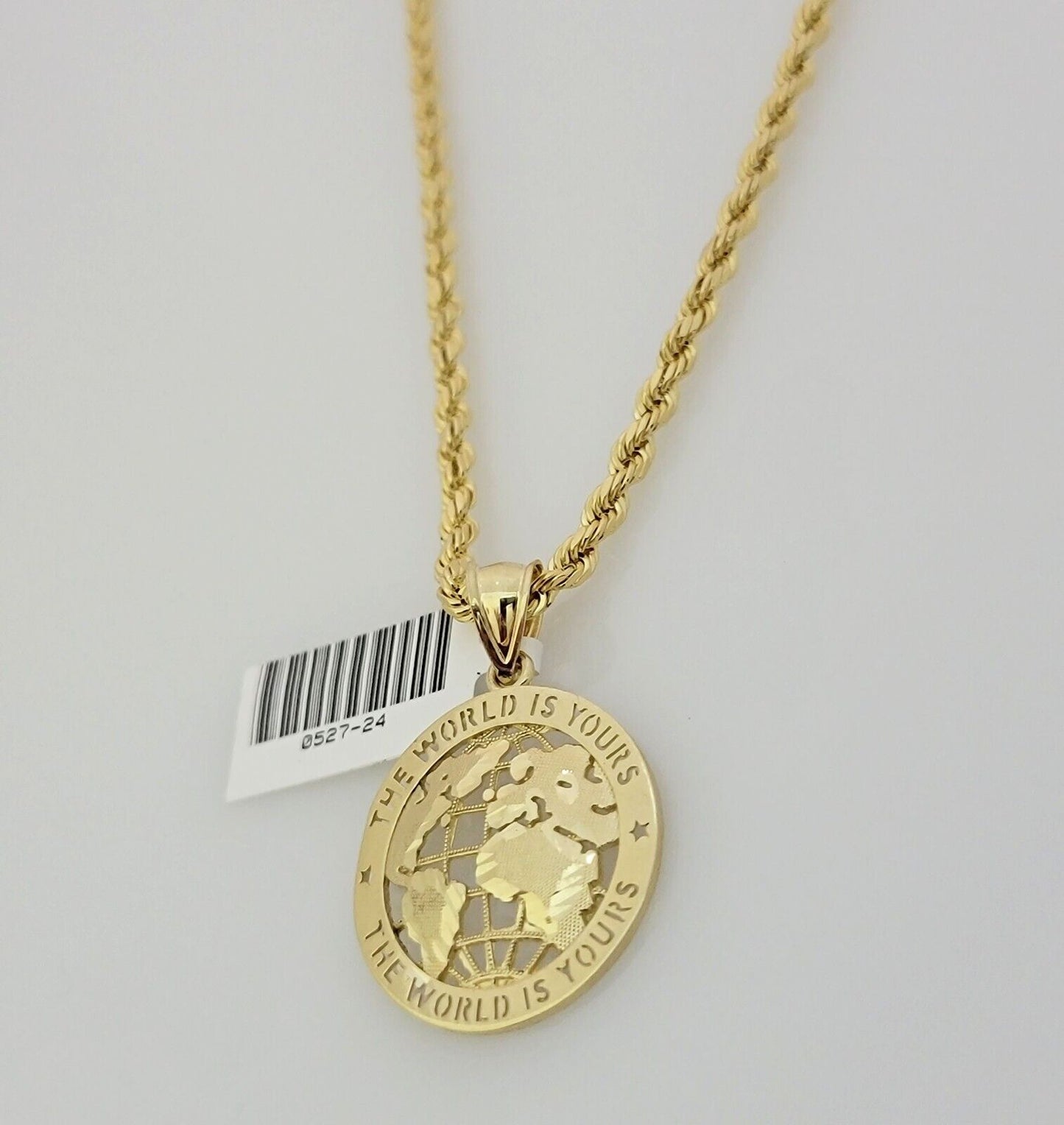 Real 10k Gold Chain Pendant SET World Is Your Charm Rope Necklace 3mm 18"-28"