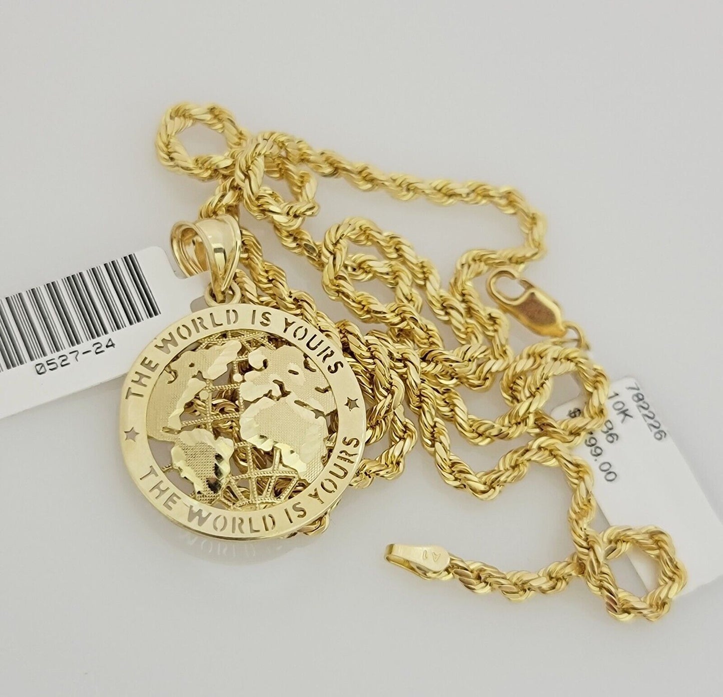 Real 10k Gold Chain Pendant SET World Is Your Charm Rope Necklace 3mm 26 Inch