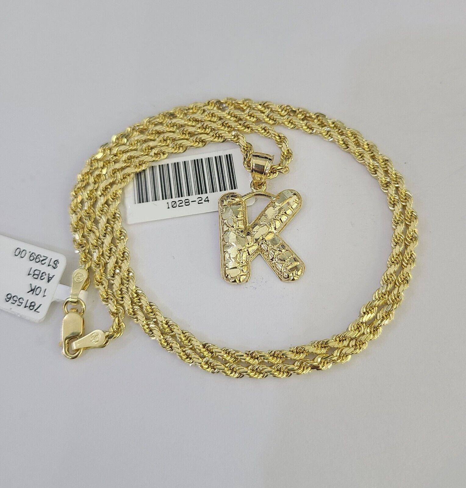 10k Gold Initial K Charm Rope Chain 16"-26" 2.5mm SET Necklace Alphabet Pendant