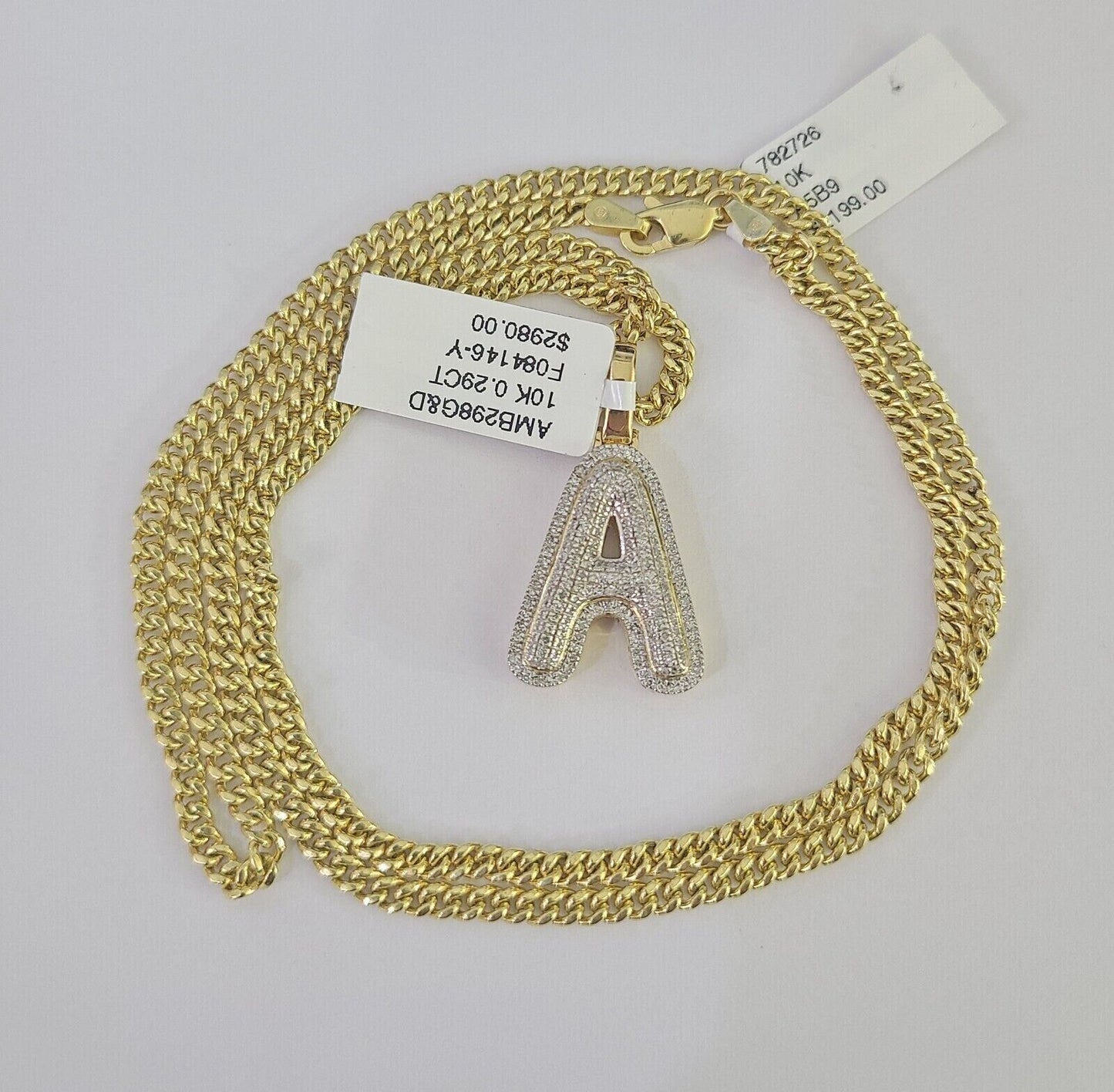 Real 10k Gold Necklace Chain Diamond A Alphabet Charm SET 3mm Miami Cuban Link