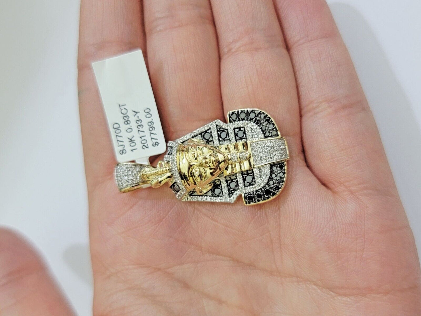 Real 10k Yellow Gold Pharoah Head Charm Pendant With black & White Diamonds Mens