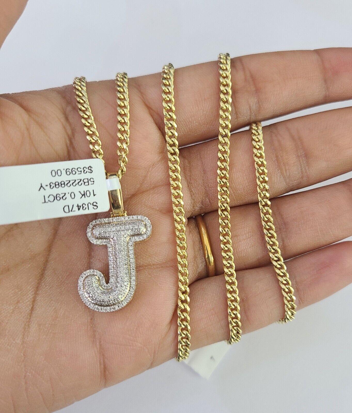 Real 10k Gold Necklace Chain Diamond J Alphabet Charm SET 3mm Miami Cuban Link