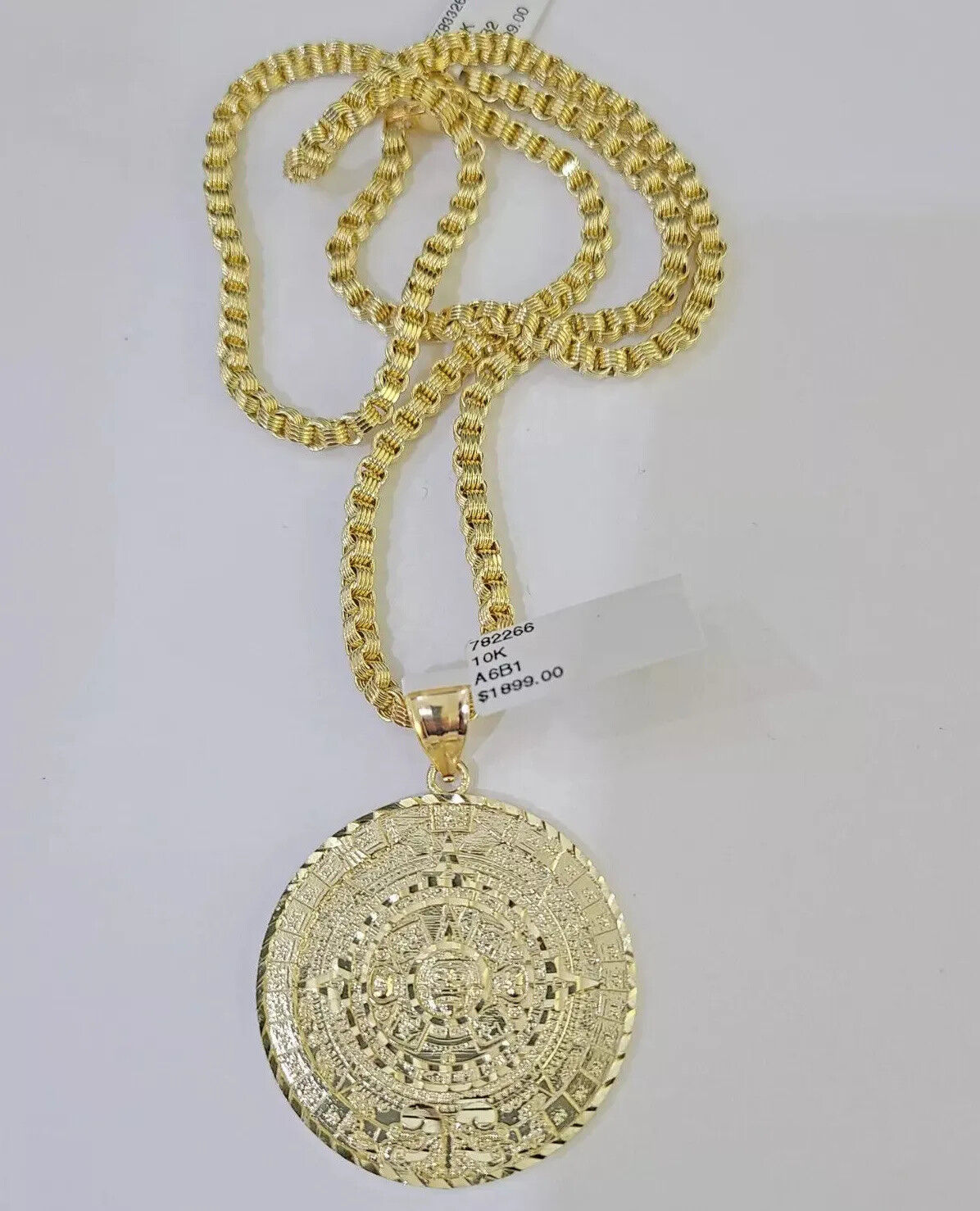 Real 10k Gold Chain pendant Set Byzantine Necklace 3mm Mayan Calendar charm 10kt 18"-28"