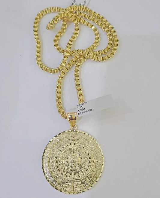 Real 10k Gold Chain pendant Set Byzantine Necklace 3mm Mayan Calendar charm 10kt 18"-28"