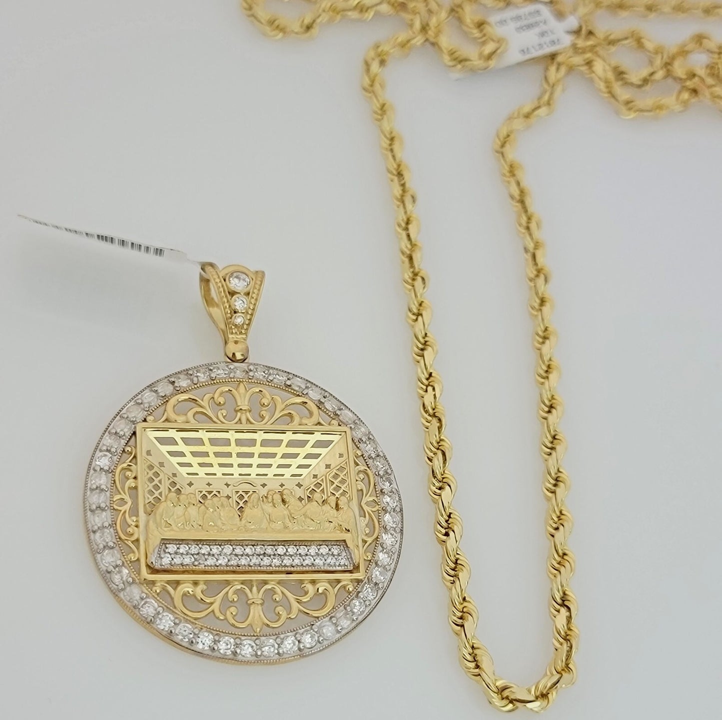 Real 10k Gold Rope chain Last supper Charm Pendant SET Solid Necklace 4mm 22Inch