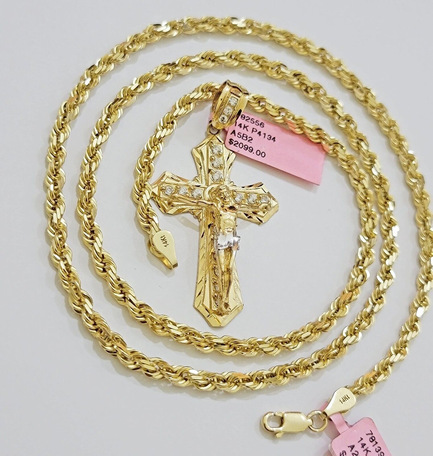 REAL 14k Gold Rope Necklace Cross Charm Pendant SET SOLID 4mm 26 Inch Chain Mens