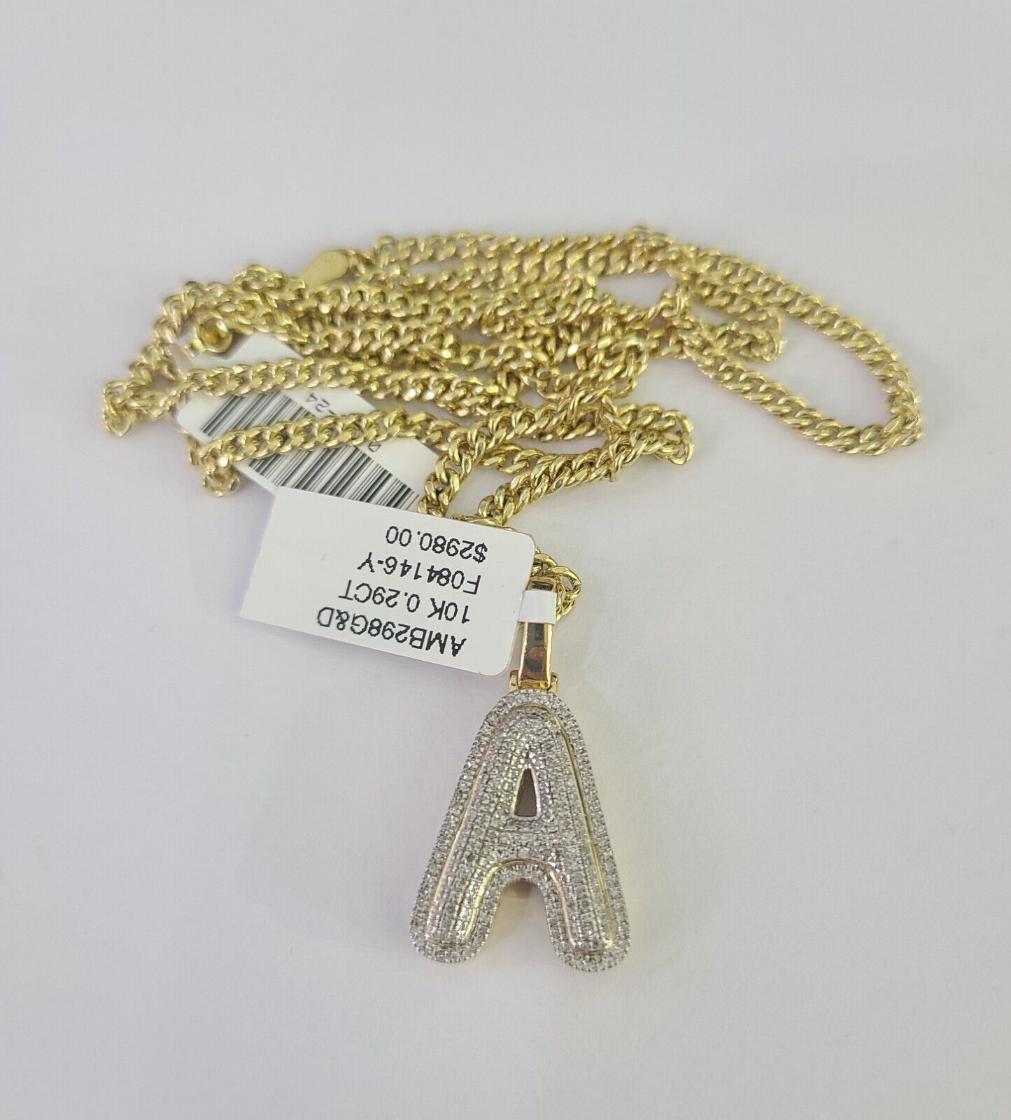 Real 10k Gold Necklace Chain Diamond A Alphabet Charm SET 3mm Miami Cuban Link