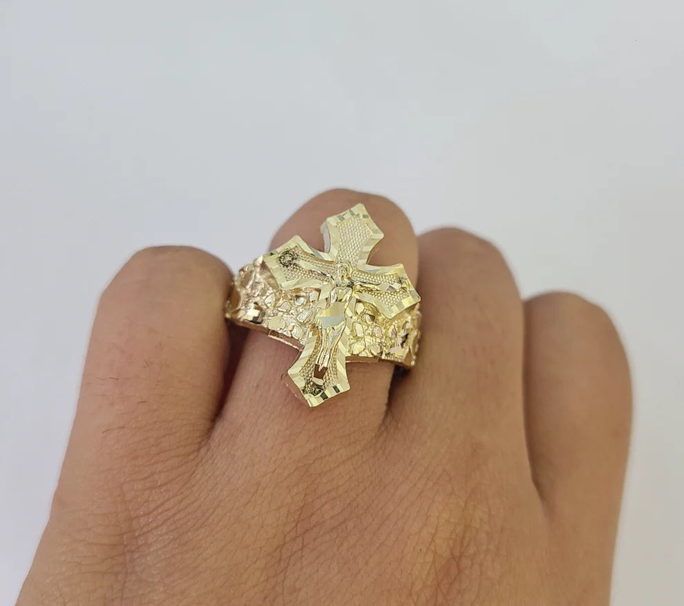 10k Jesus Crucifix Cross Nugget Ring Casual Band Yellow Gold Brand New Religious