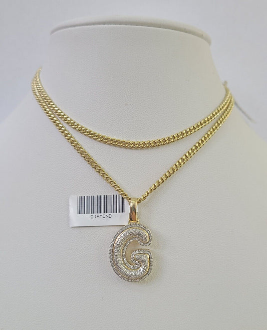 Real 10k Gold Necklace Chain Diamond G Alphabet Charm SET 3mm Miami Cuban Link