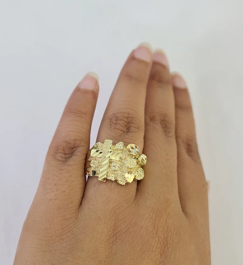 10k Jesus Cross Nugget Ring Casual Band Yellow Gold Genuine Brand New Religious