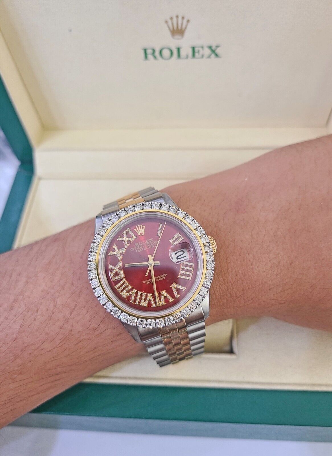 ROLEX Datejust Stainless Watch Red Roman Dial Diamond Bezel 36mm For Men