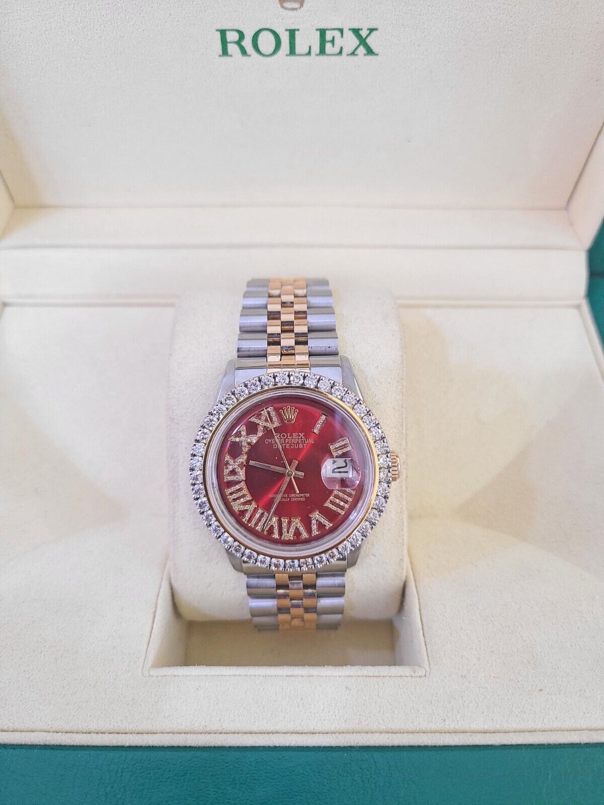ROLEX Datejust Stainless Watch Red Roman Dial Diamond Bezel 36mm For Men