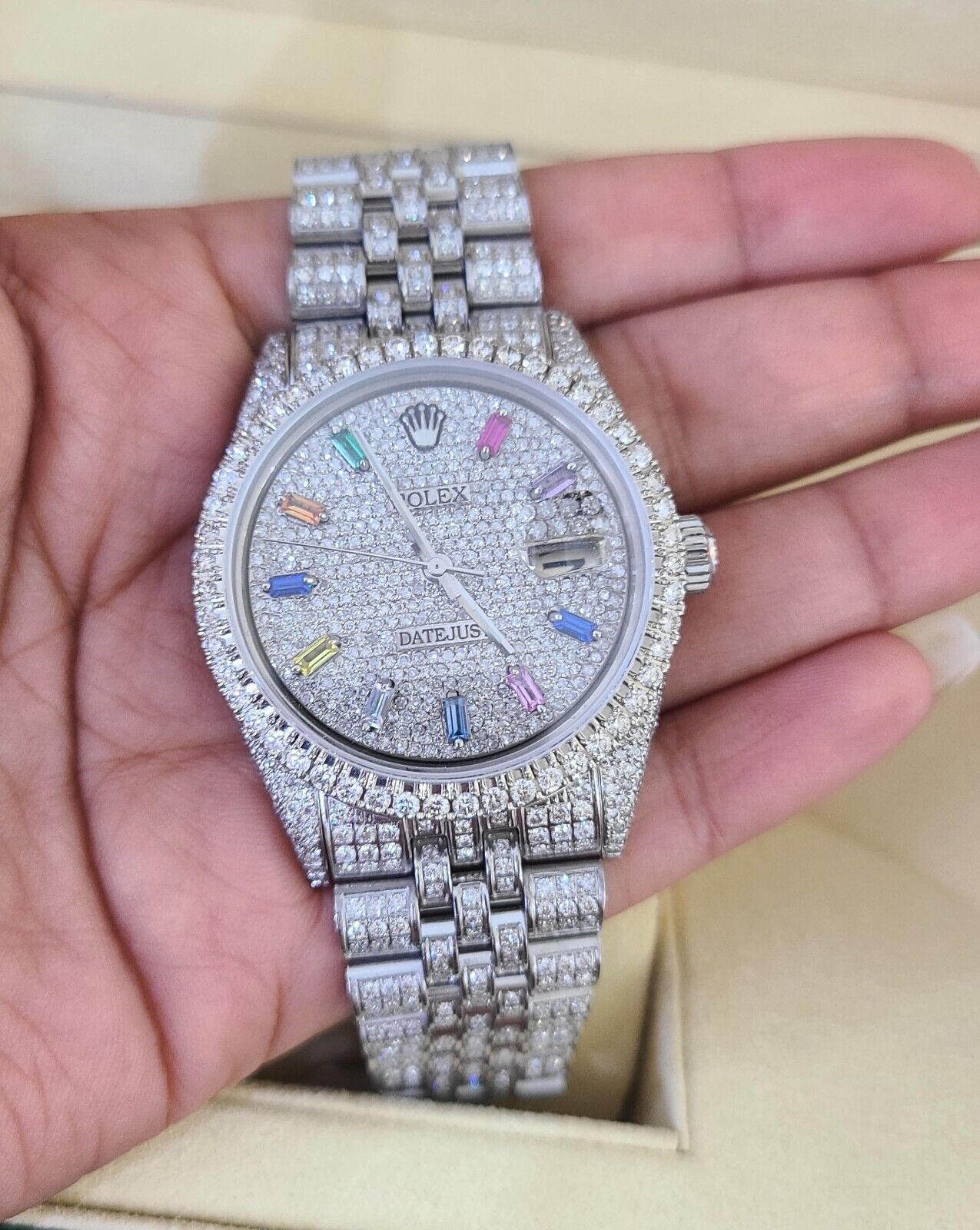 ROLEX Mens Iced Out Fully Load Datejust Rainbow Dial Genuine Diamonds 36mm Watch