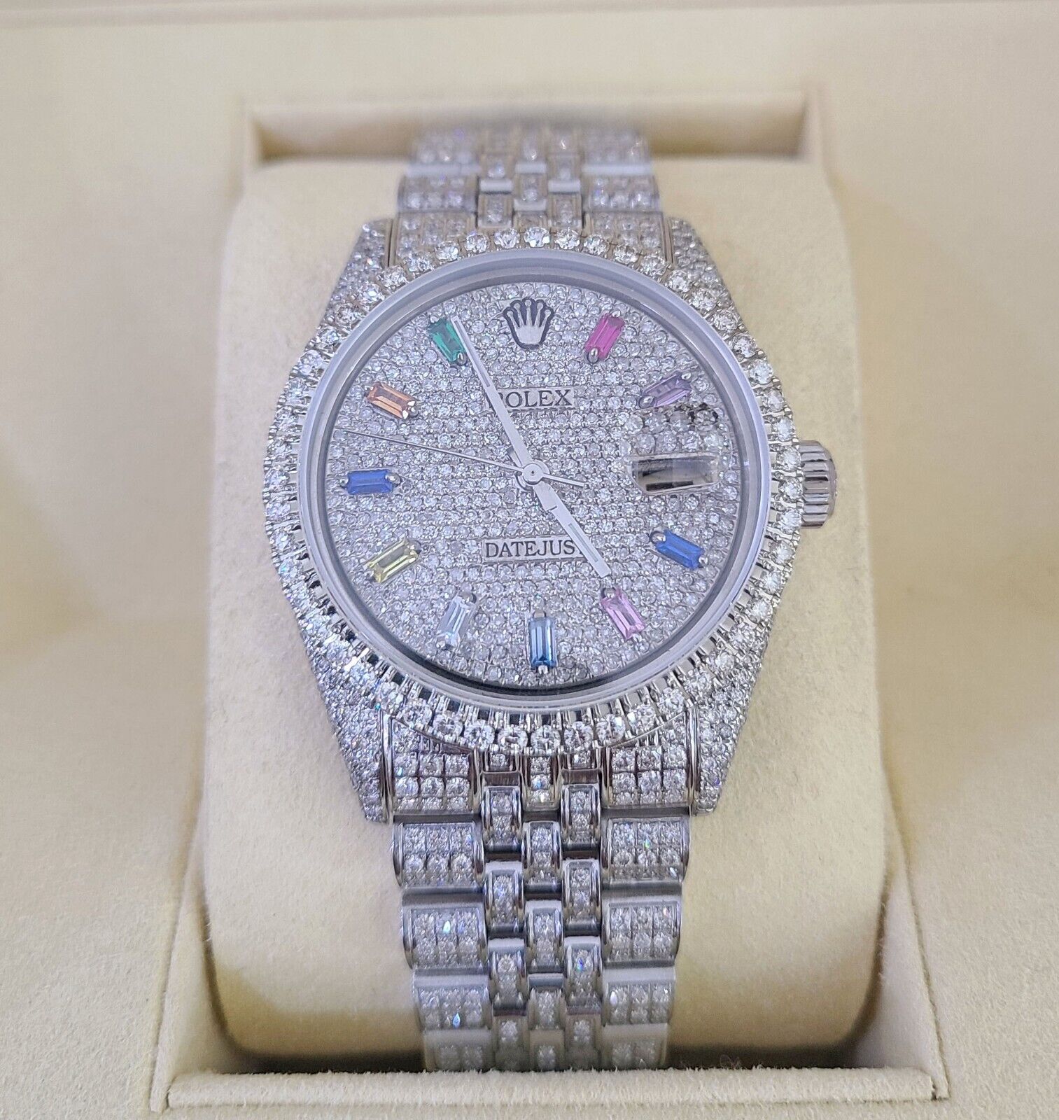 ROLEX Mens Iced Out Fully Load Datejust Rainbow Dial Genuine