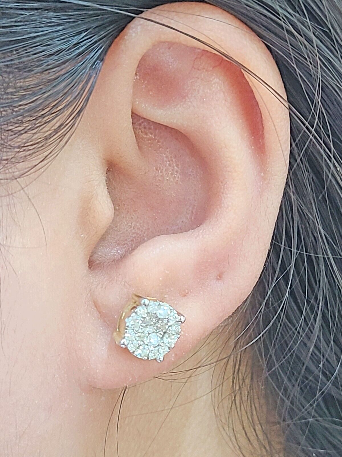 Real 10k Yellow Gold Earring Stud Diamond Round Design Men Women Screw Back
