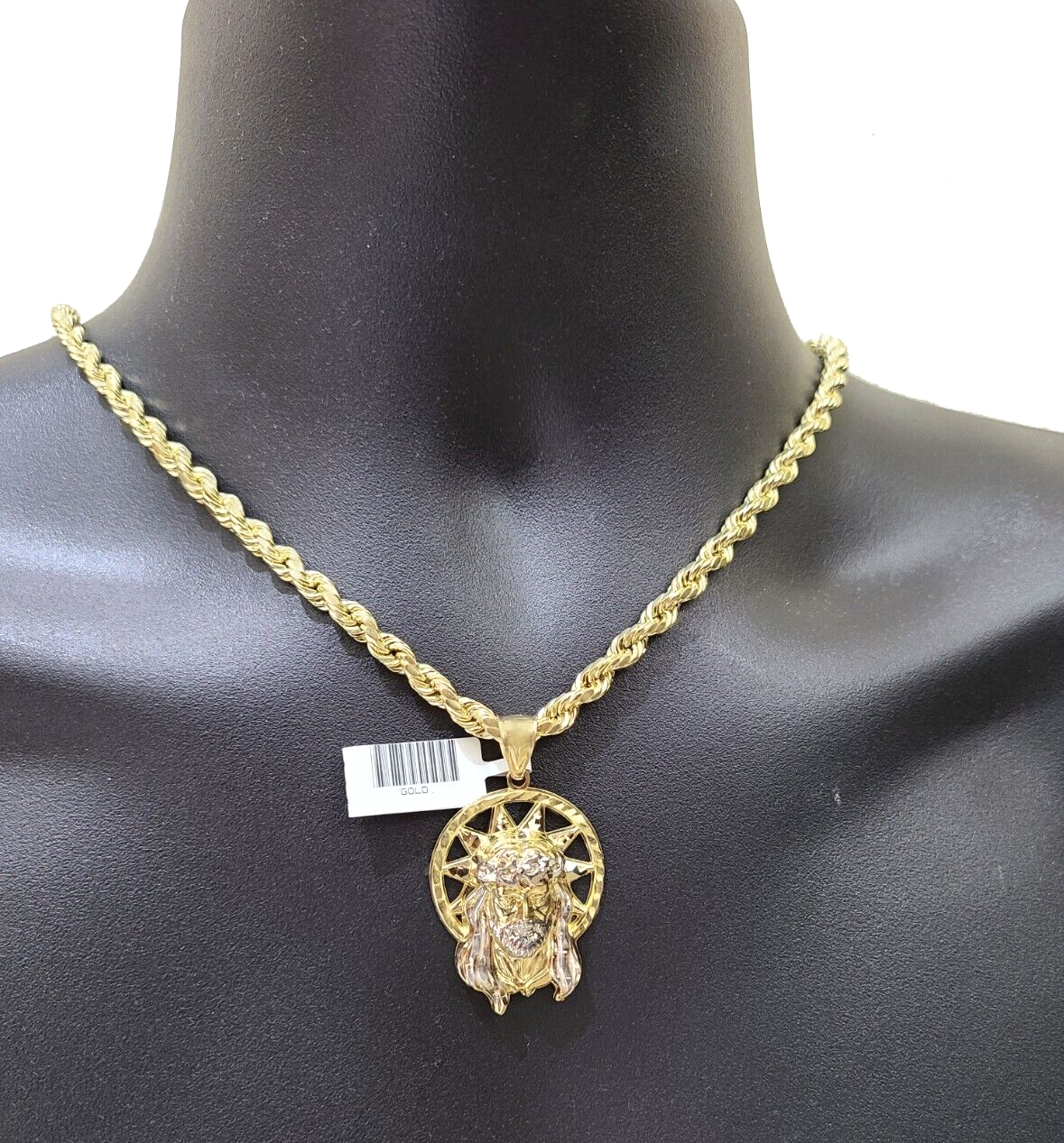 10k Gold Circular Jesus Star Head Charm Rope Chain Necklace 6mm 30'' Set Pendant