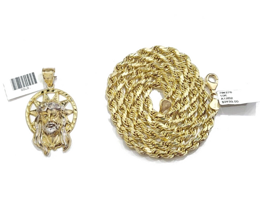 10k Gold Circular Jesus Star Head Charm Rope Chain Necklace 6mm 18'' Set Pendant