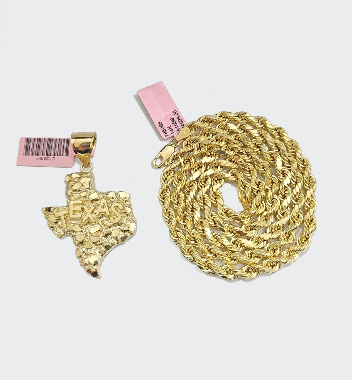 14k Yellow Gold Rope Chain 24'' Inch Necklace Texas Map Charm Pendant Real 14kt