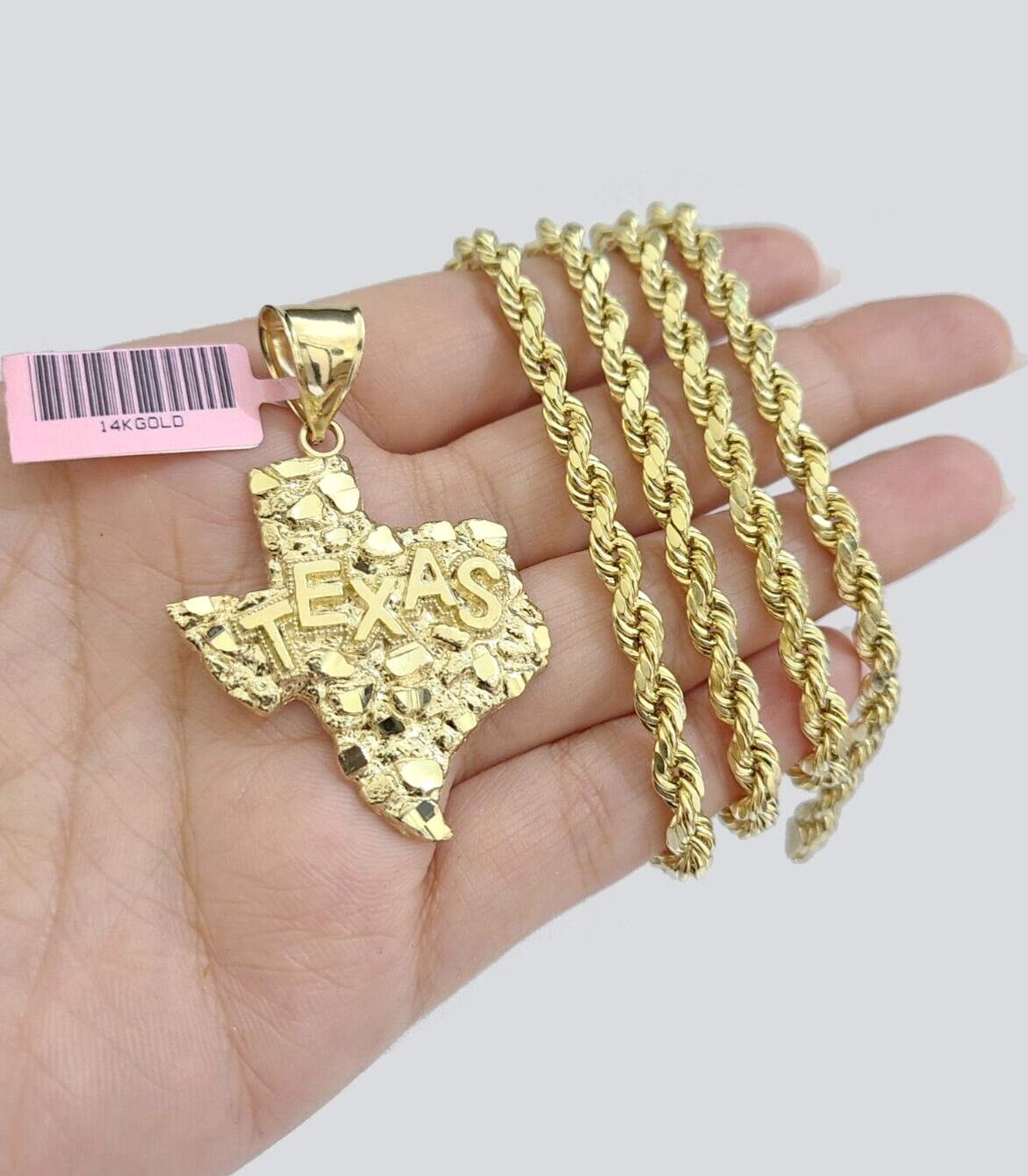 14k Yellow Gold Rope Chain 26'' Inch Necklace Texas Map Charm Pendant Real 14kt