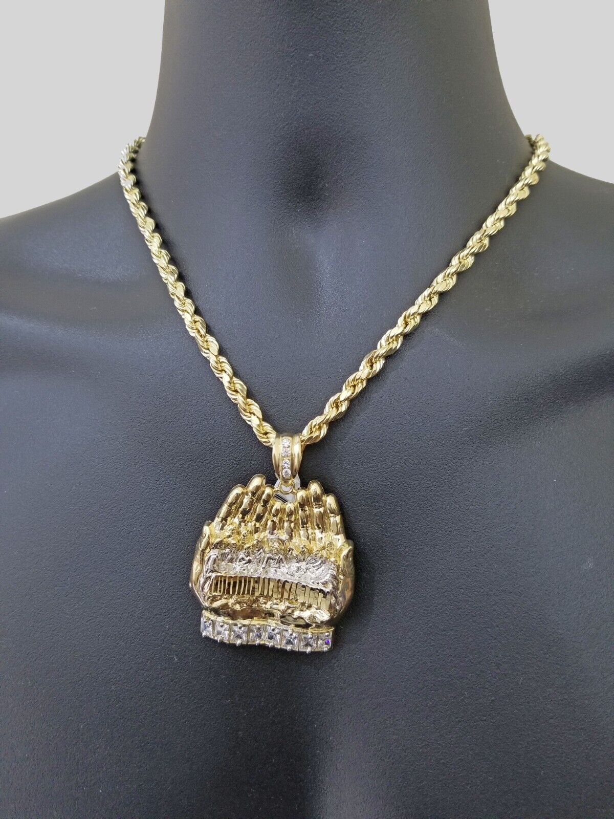 Real 10k Yellow Gold Rope Chain 24" Necklace Praying Hand Last Supper Pendant