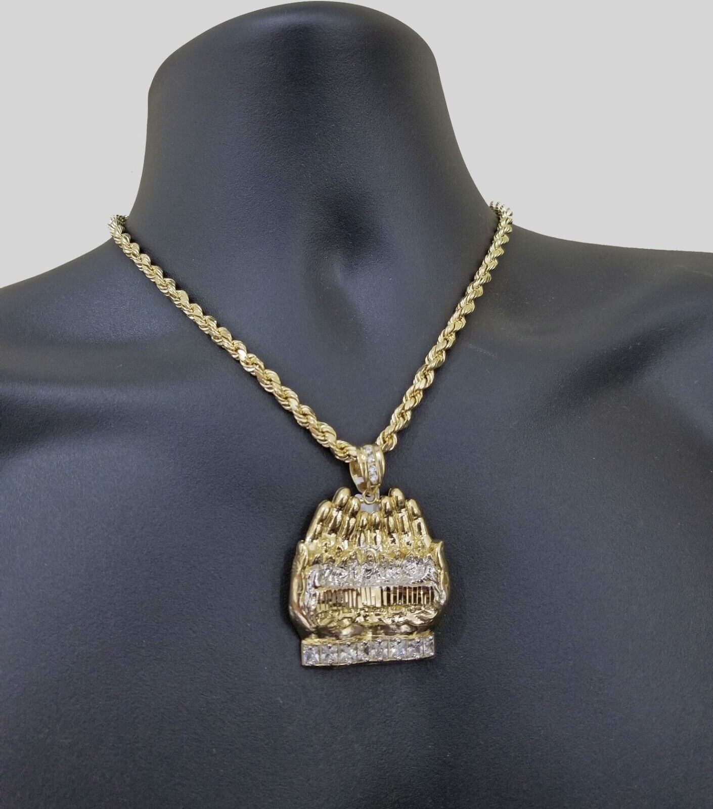Real 10k Yellow Gold Rope Chain 24" Necklace Praying Hand Last Supper Pendant