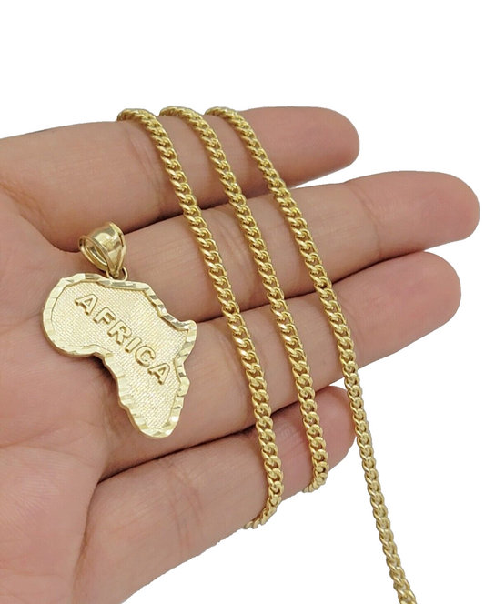 10k Yellow Gold Africa Map Miami Cuban Chain Charm Pendant 18 Inch Necklace SALE
