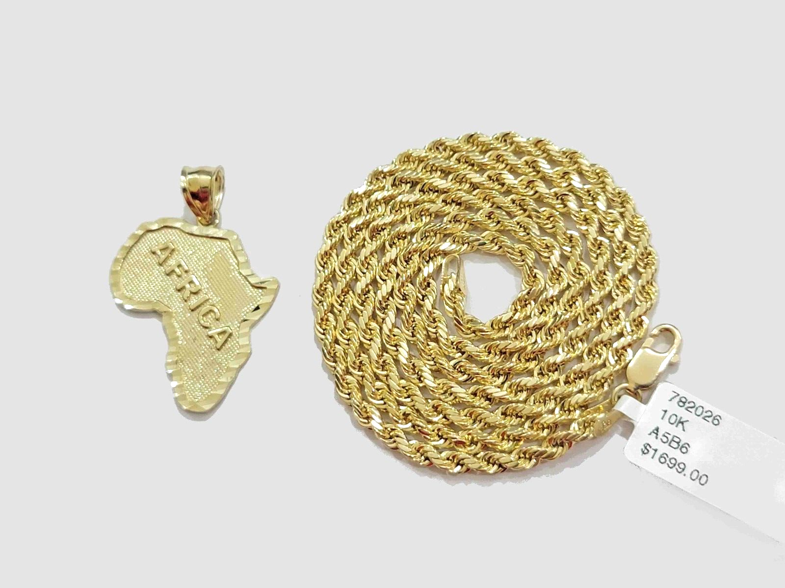 10k Yellow Gold Africa Map Charm Rope Chain Pendant 22 Inch Necklace SALE 10kt