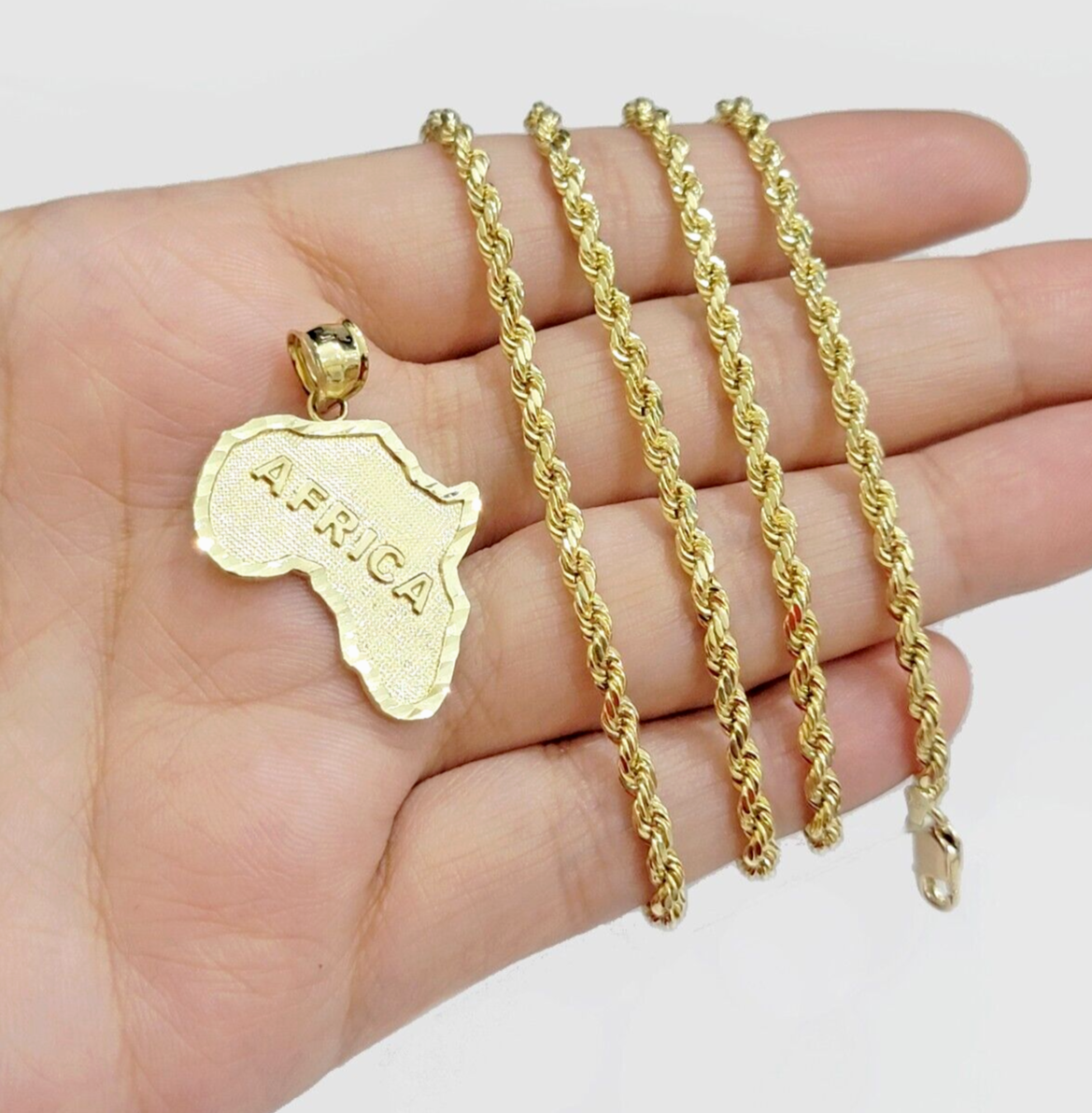 10k Yellow Gold Africa Map Charm Rope Chain 26 Inch Necklace