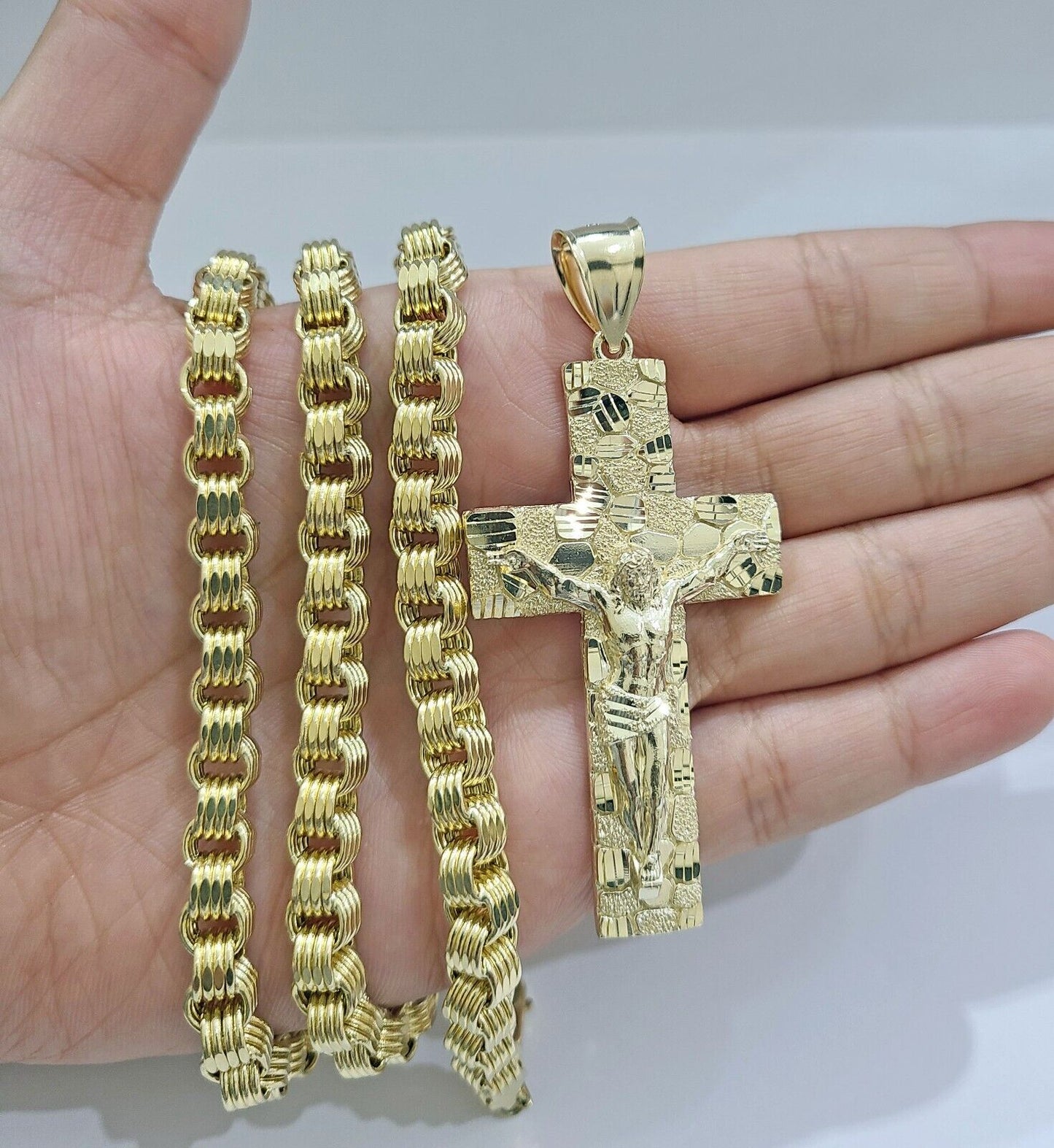Real 10k Yellow Gold Box Byzantine Chain 24'' Necklace Jesus Cross Charm pendant