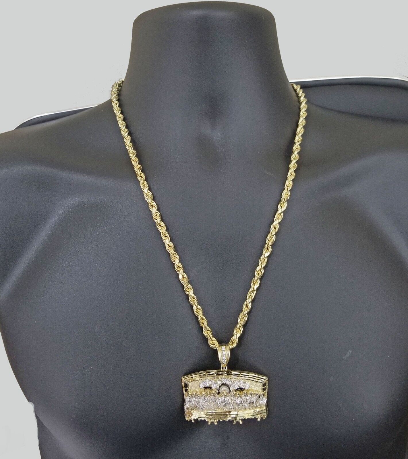 Real 10k Yellow Gold Rope Chain 24" inch Necklace And Charm Last Supper Pendant