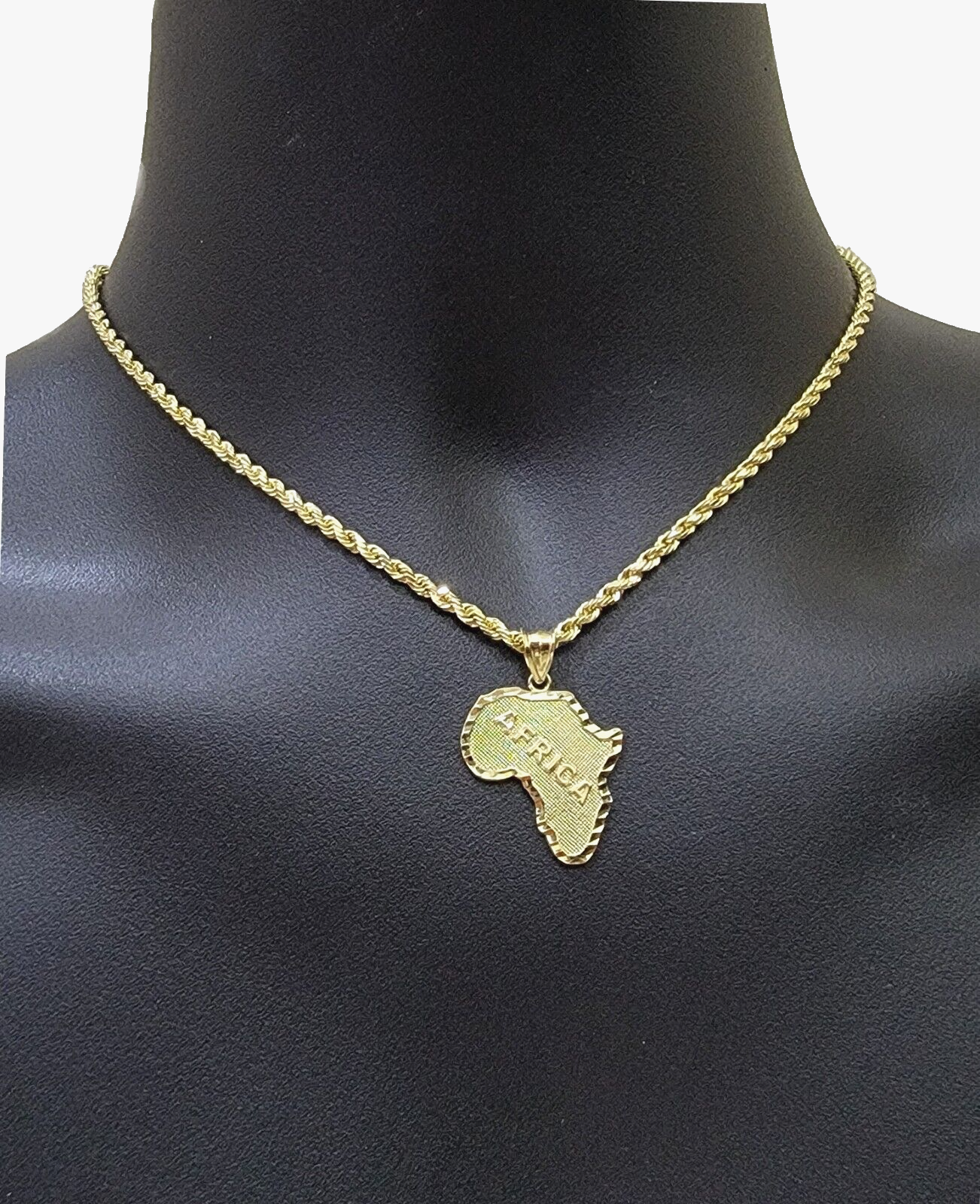 10k Yellow Gold Africa Map Charm Rope Chain 18 Inch Necklace Pendant SET SALE