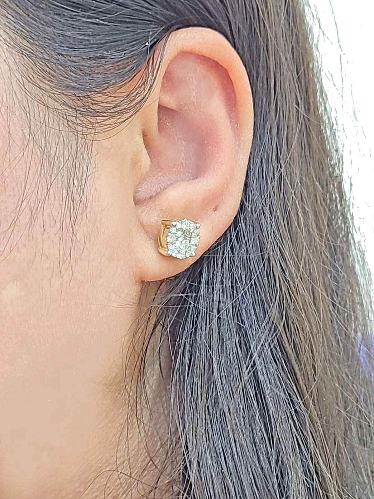 Real 10k Yellow Gold Earring Stud Diamond Round Design Men Women Screw Back