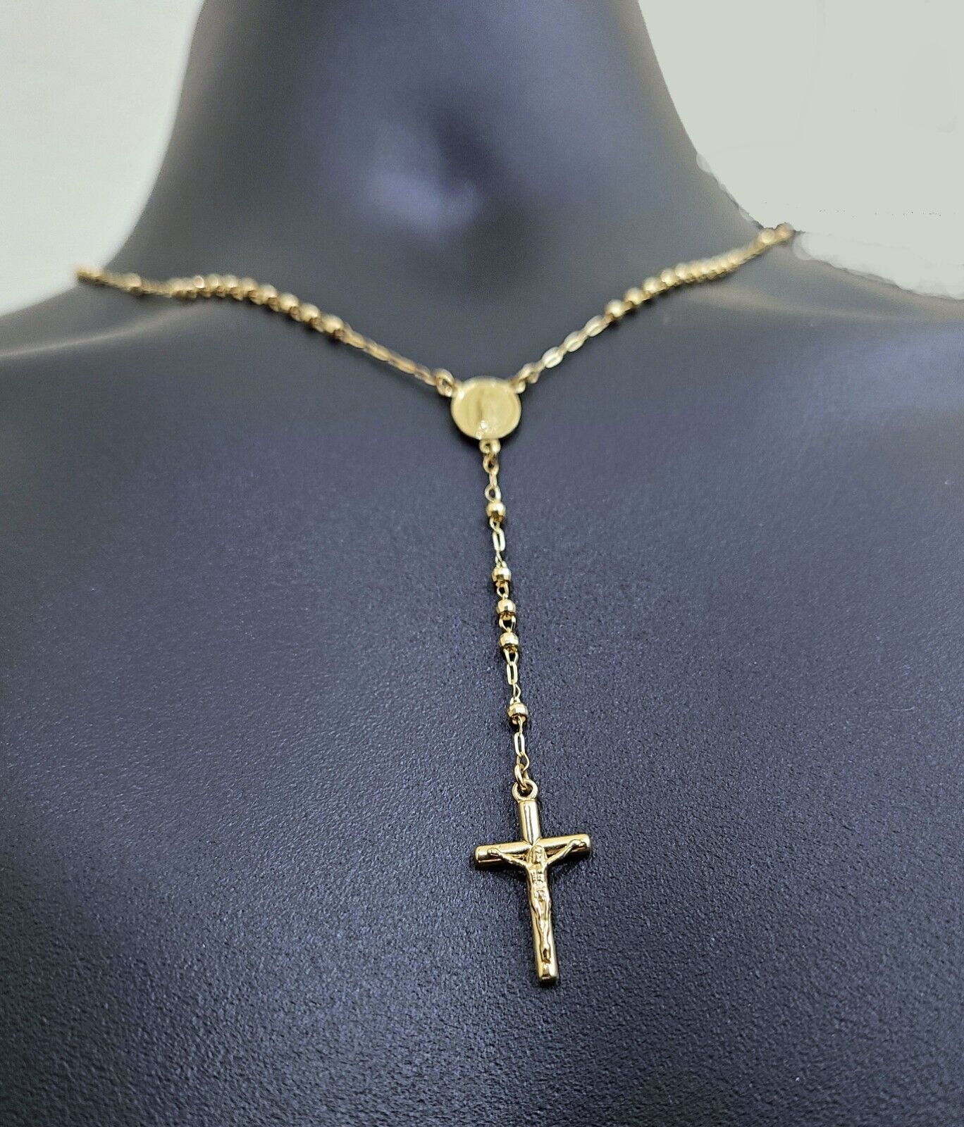 Real 14k Yellow Gold 2mm Rosary Chain 18" inch Necklace And Jesus cross Pendant