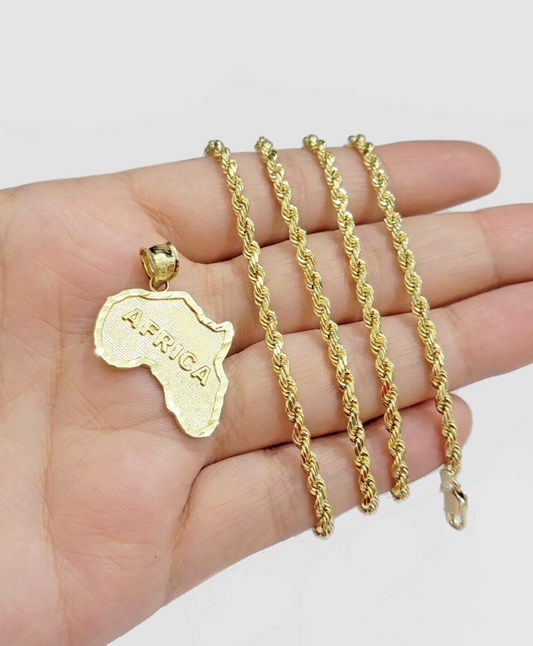 10k Yellow Gold Africa Map Charm Rope Chain Pendant 22 Inch Necklace SALE 10kt