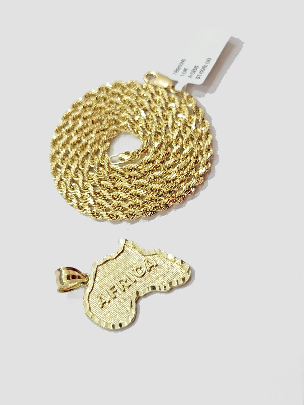 10k Yellow Gold Africa Map Charm Rope Chain 18 Inch Necklace Pendant SET SALE