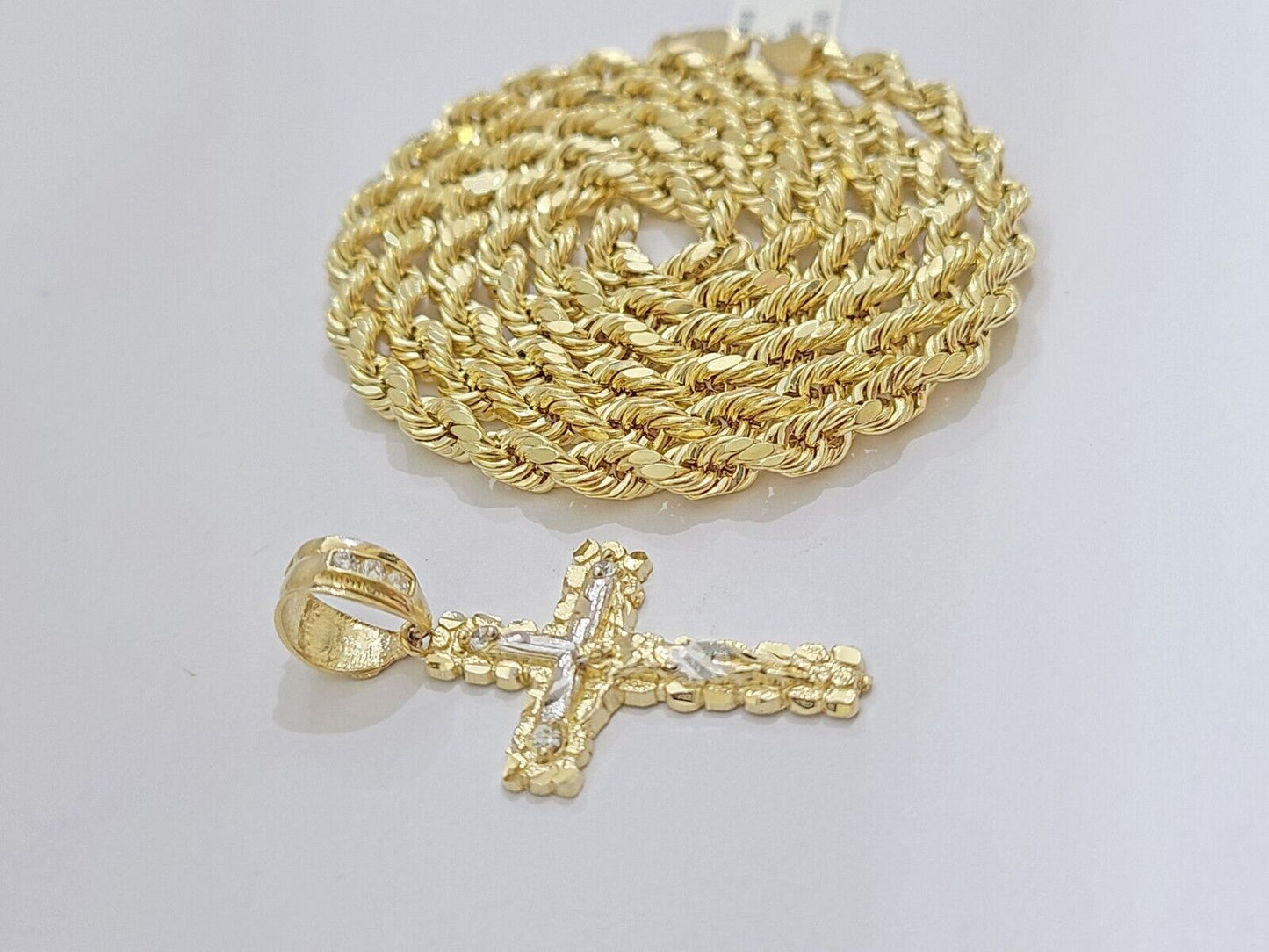 Real 14k Yellow Gold Rope Chain 26'' Necklace Jesus Crucifix Cross Charm Pendant