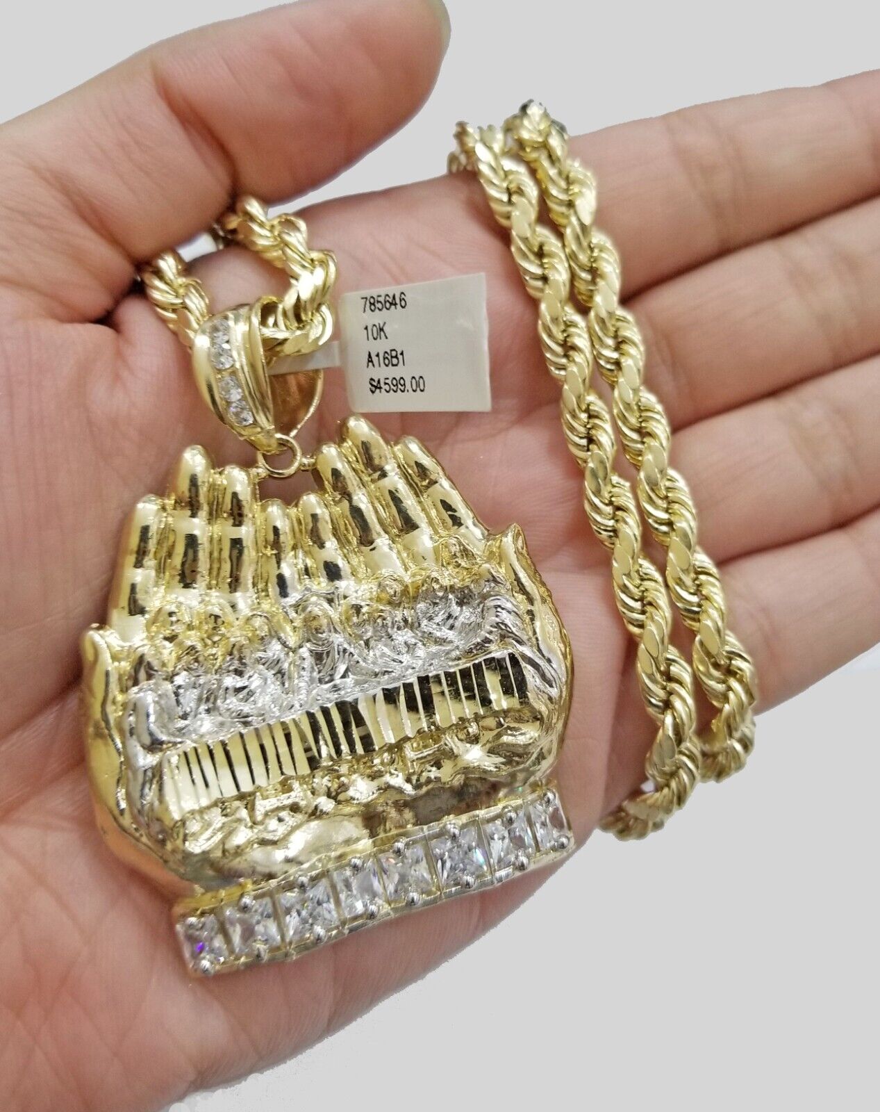 Real 10k Yellow Gold Rope Chain 24" Necklace Praying Hand Last Supper Pendant