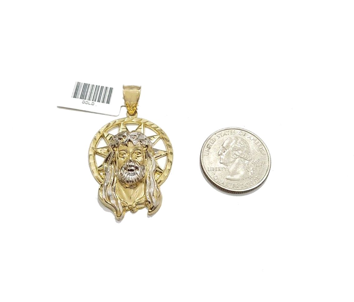 10k Gold Circular Jesus Star Head Charm Rope Chain Necklace 6mm 30'' Set Pendant