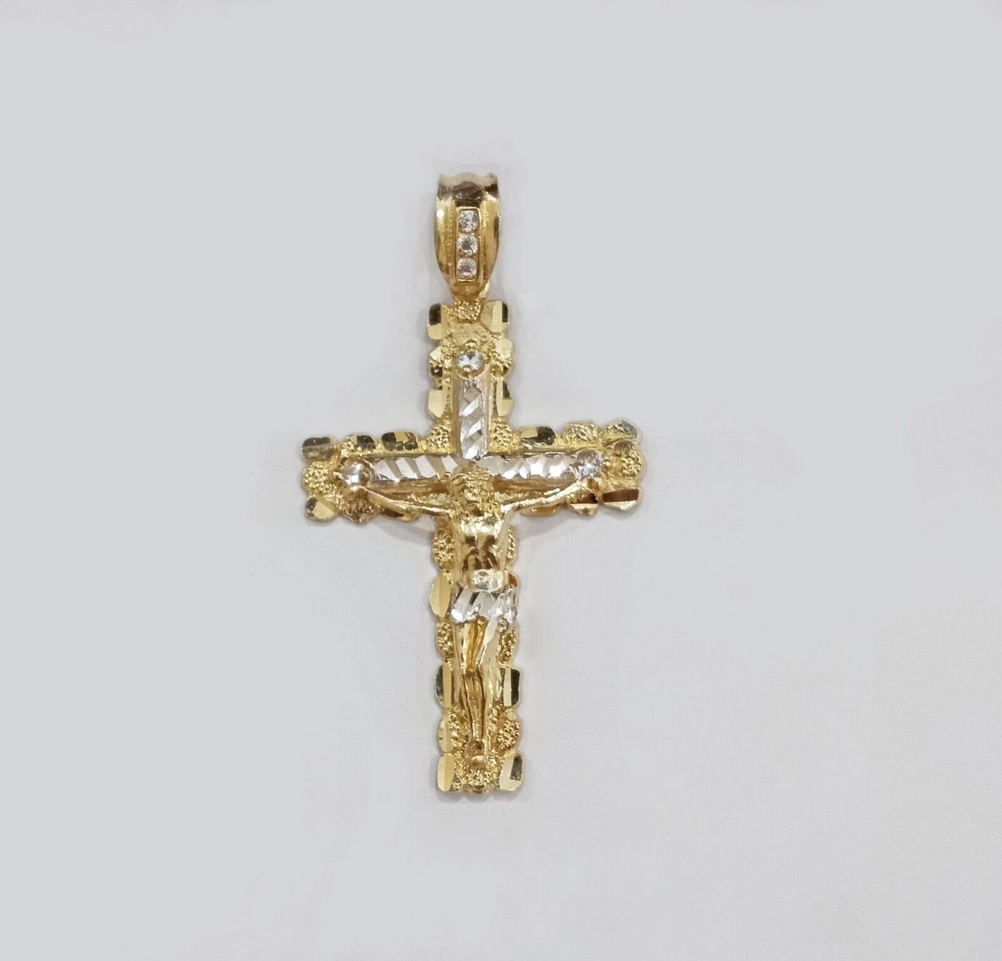 Real 14k Yellow Gold Nugget Jesus Cross Charm Pendant 2" 14kt Gold