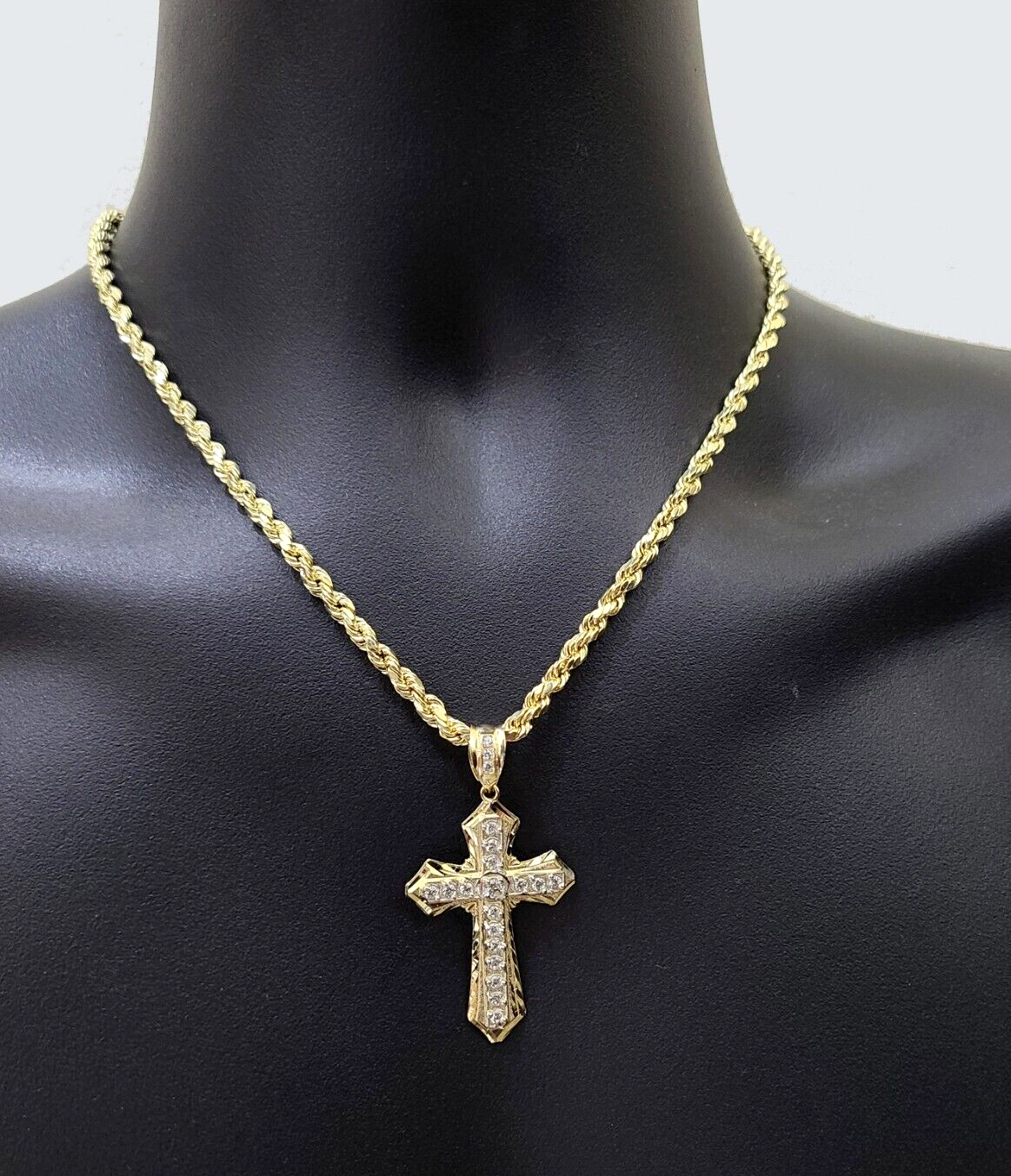 Real 10k Yellow Gold Cross Charm Rope Chain Necklace 4mm 28'' Pendant 10kt Jesus