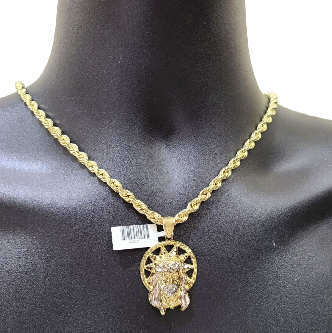 10k Gold Circular Jesus Star Head Charm Rope Chain Necklace 6mm 22'' Set Pendant