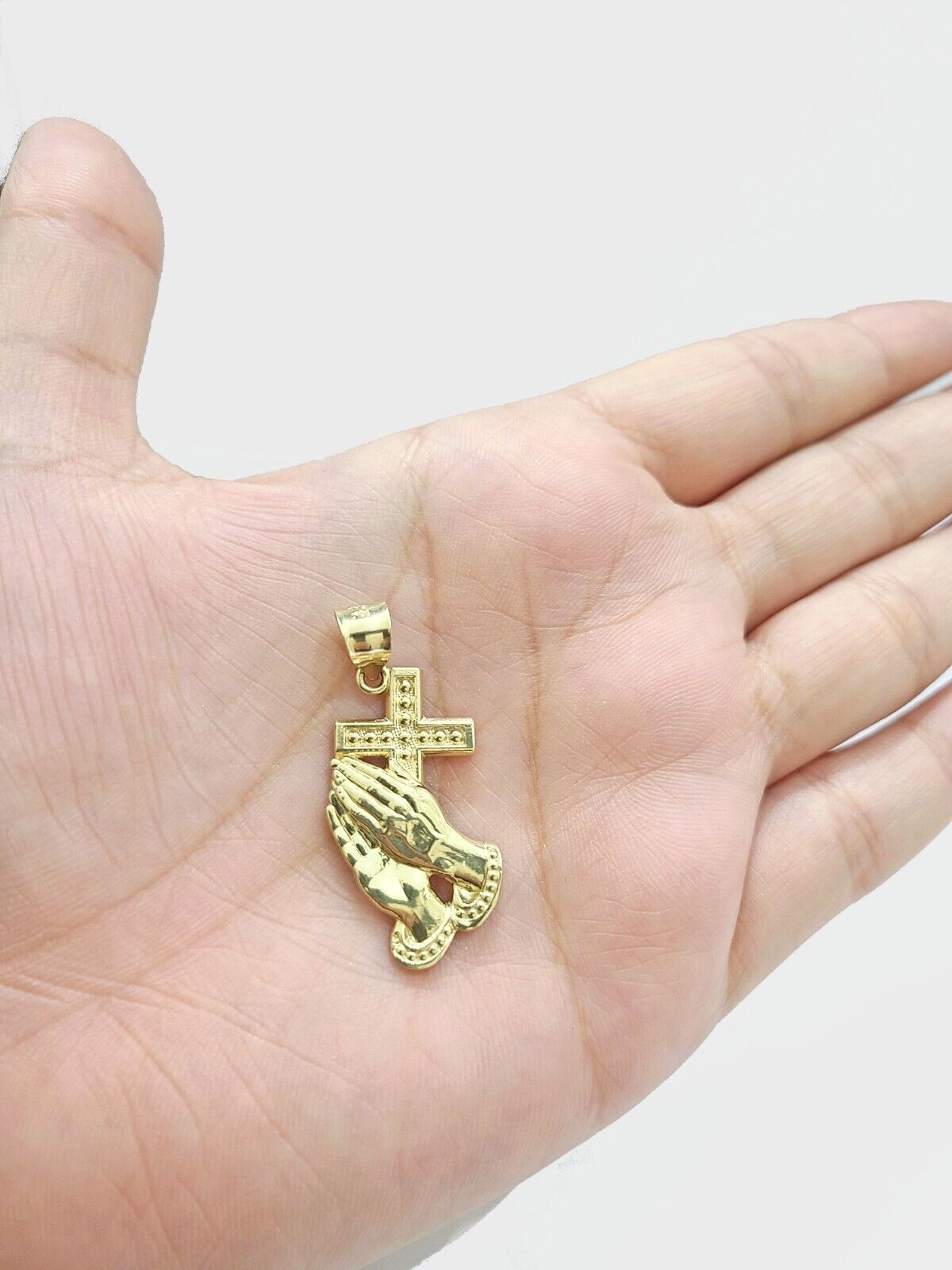 Real 10k Yellow Gold Rope Chain 28'' Necklace Praying Hand Cross Charm Pendant