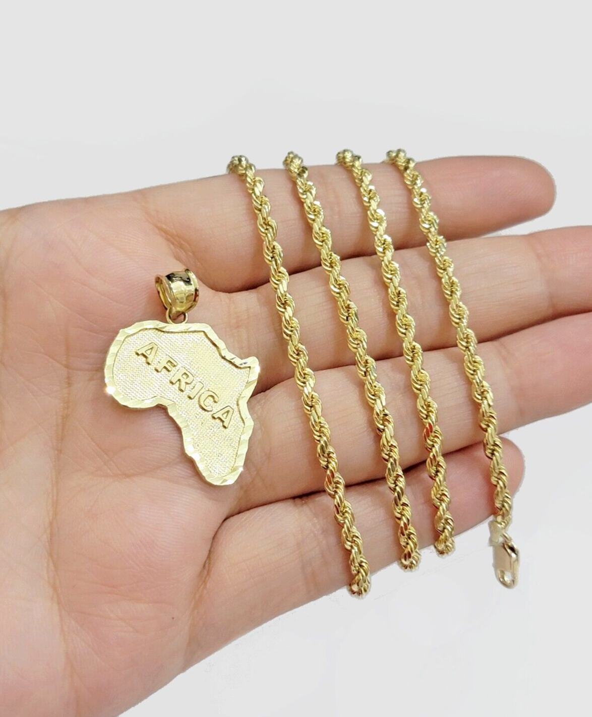 10k Yellow Gold Africa Map Charm Rope Chain 18 Inch Necklace Pendant SET SALE