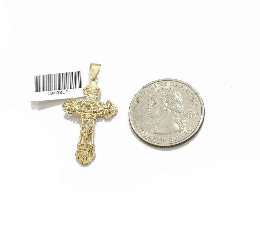 Real 10k Yellow Gold Jesus Cross Charm Rope Chain Necklace 3mm 26'' Pendant 10kt