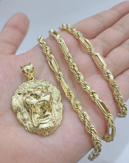 Real 10k Yellow Gold Milano Rope Chain 26''  Necklace Lion Head charm pendant