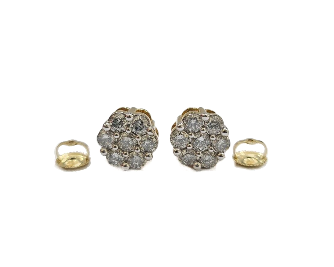 Real 10k Yellow Gold Earring Stud White Diamond 2.11CT Round Design Unisex