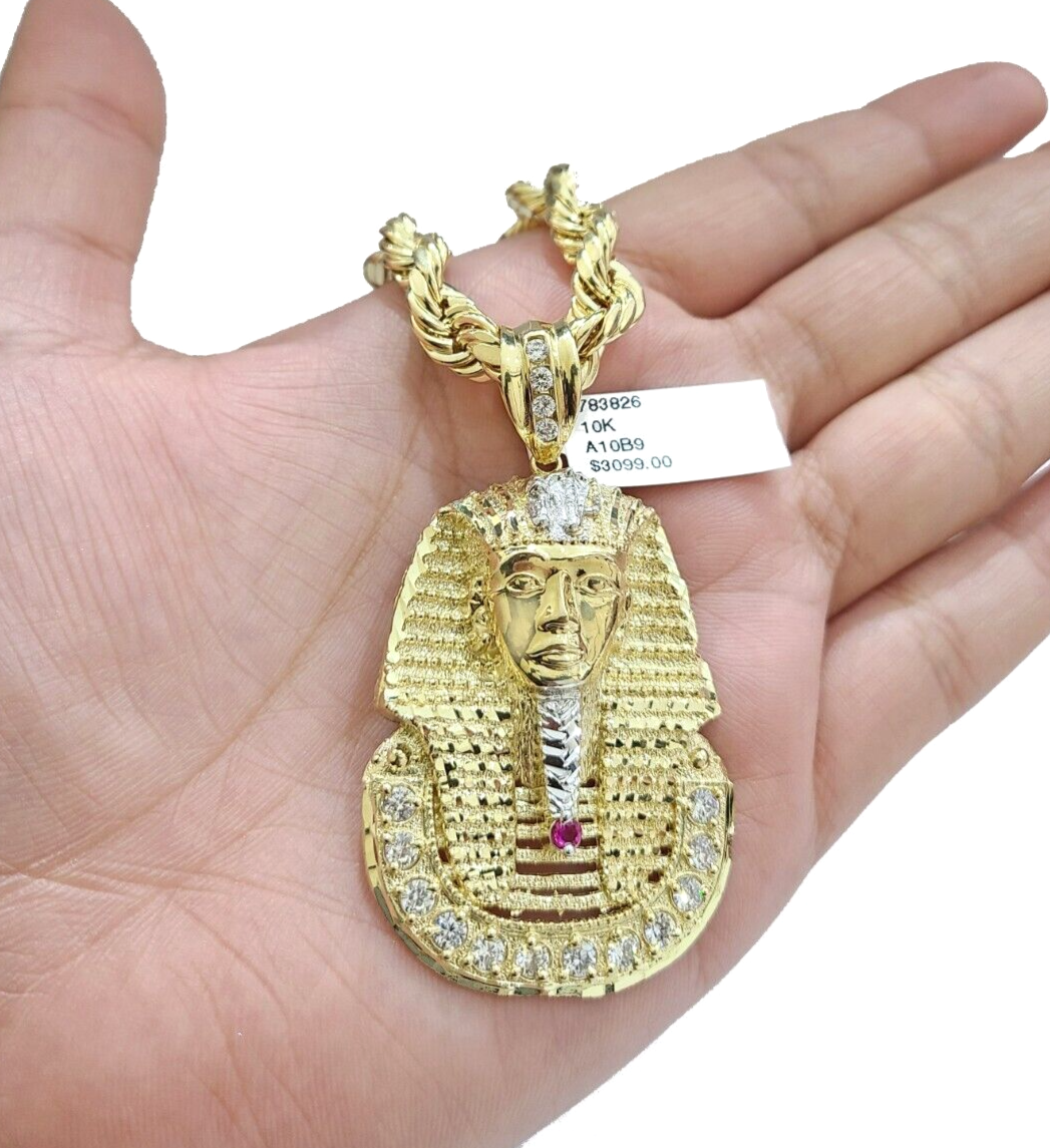 10k Gold Pharaoh Head Charm Rope Chain Necklace 8mm 24'' Set & Pendant – G  Bar