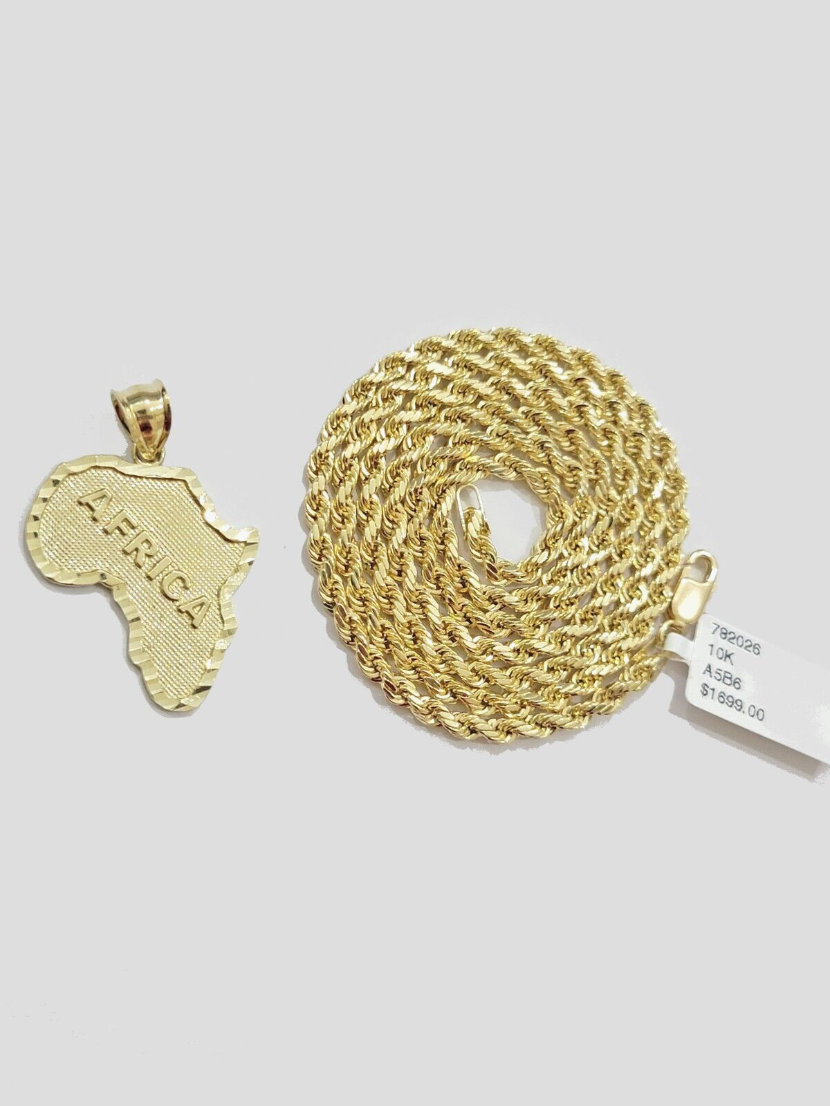 10k Yellow Gold Africa Map Charm Rope Chain Pendant 22 Inch Necklace SALE 10kt