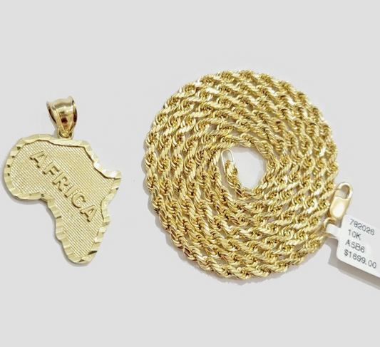10k Yellow Gold Africa Map Charm Rope Chain 24 Inch Necklace Pendant SET SALE